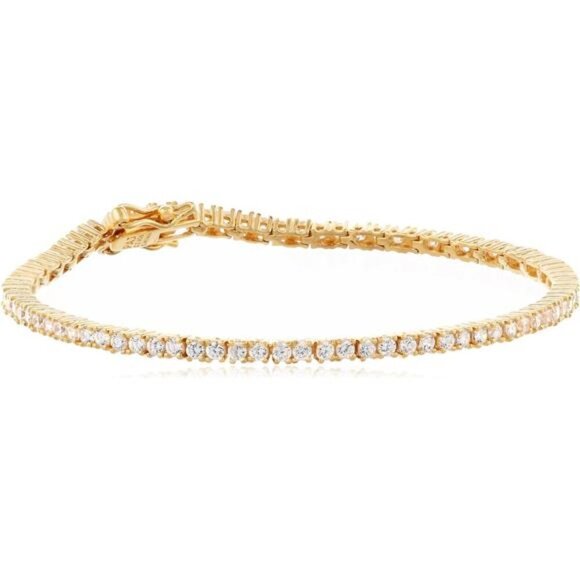 Gold Plated Sterling Silver Tennis Bracelet Cubic Zirconia 7 Inch Jewelry - Picture 1 of 7